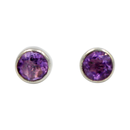 High Bezel Setting Sterling Silver faceted Amethyst  Stud Earring