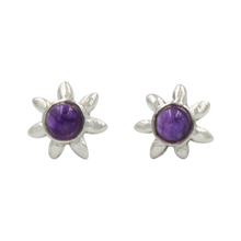 Load image into Gallery viewer, Sterling Silver Sun Shaped Stud Earring with a Colourful Amethyst Gemstone
