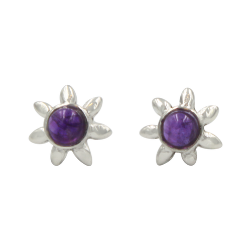 Sterling Silver Sun Shaped Stud Earring with a Colourful Amethyst Gemstone