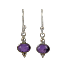 Load image into Gallery viewer, Minimalistic amethyst drop earrings set into sterling silver in a classic ethnic style
