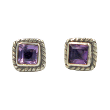 Load image into Gallery viewer, Square shaped little sterling silver gem-set stud with a Amethyst Gemstone surround with silver rope
