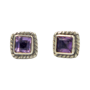 Square shaped little sterling silver gem-set stud with a Amethyst Gemstone surround with silver rope