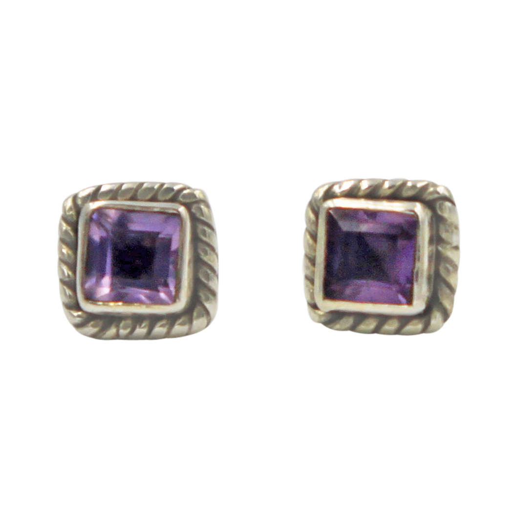 Square shaped little sterling silver gem-set stud with a Amethyst Gemstone surround with silver rope