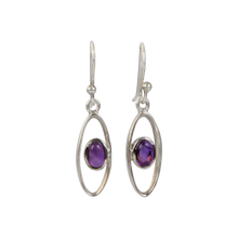 Load image into Gallery viewer, Elegant oval drop sterling silver earrings holding an amethyst
