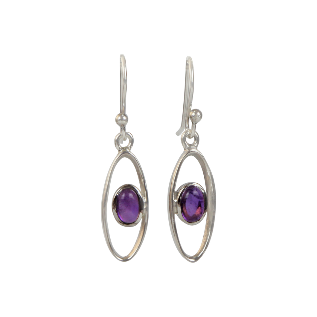 Elegant oval drop sterling silver earrings holding an amethyst