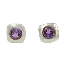 Load image into Gallery viewer, Square shaped Sterling Silver Stud Earring with a round faceted Amethyst gemstone
