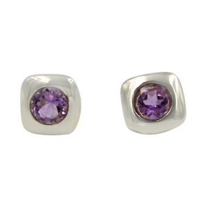Square shaped Sterling Silver Stud Earring with a round faceted Amethyst gemstone