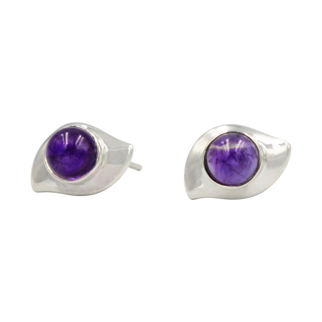 Sterling Silver Evil Eye Stud Earring with a round Cabochon Amethyst