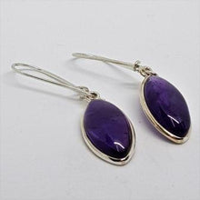 Load image into Gallery viewer, Handcrafted sterling silver large lens shaped earring with a handpicked beautiful cabochon Amethyst gemstone.
