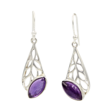 Load image into Gallery viewer, Beautifully handcrafted sterling silver Skeleton Leaf earring accent with a colourful natural Amethyst gemstone.

