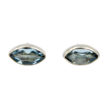 Load image into Gallery viewer, Pointed Oval Silver Stud Earring with a faceted Blue Topaz gemstone on a deep bezel setting

