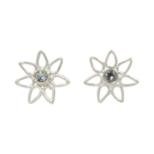 Load image into Gallery viewer, Sundari daisy flower Sterling Silver stud with a Faceted Blue Topaz Gemstone
