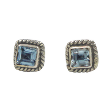 Load image into Gallery viewer, Square shaped little sterling silver gem-set stud with a Blue Topaz Gemstone surround with silver rope
