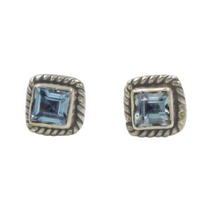 Square shaped little sterling silver gem-set stud with a Blue Topaz Gemstone surround with silver rope