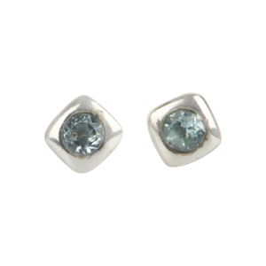 Square shaped Sterling Silver Stud Earring with a round faceted gemstone