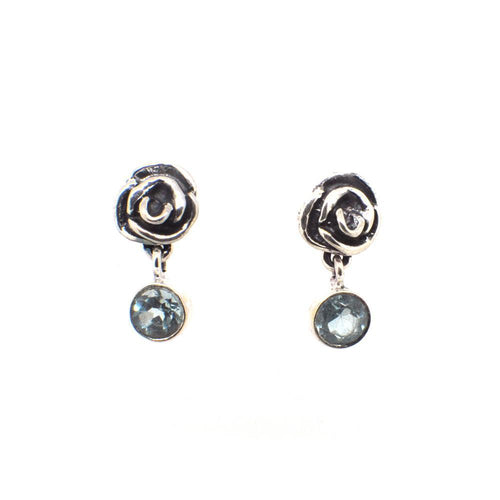 Beautifully Handcrafted Intricate Rose Stud Earring with a faceted Blue Topaz