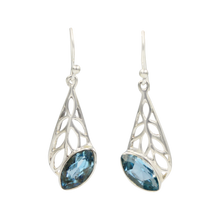 Load image into Gallery viewer, Beautifully handcrafted sterling silver Skeleton Leaf earring accent with a colourful Blue Topaz  gemstone.
