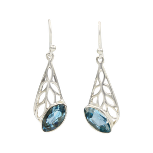 Beautifully handcrafted sterling silver Skeleton Leaf earring accent with a colourful Blue Topaz  gemstone.