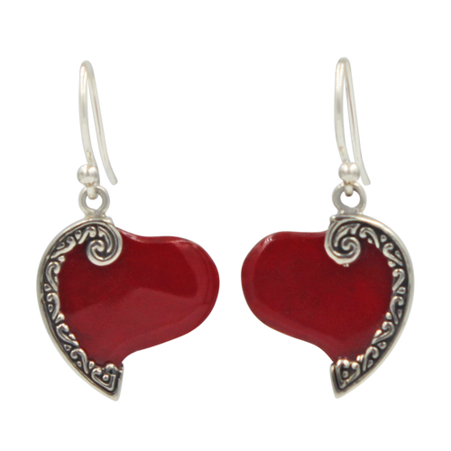Stunning Large Sterling Silver Heart Earring with a Natural Coral