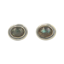 Load image into Gallery viewer, Oval Dark Labradorite gemstone stud earrings with a sterling silver surround
