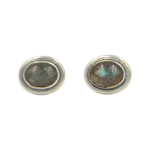 Oval Dark Labradorite gemstone stud earrings with a sterling silver surround