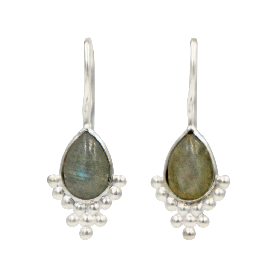 Handcrafted Sterling Silver earrings with a tear drop cabochon gemstone accent with dripping silver dots.