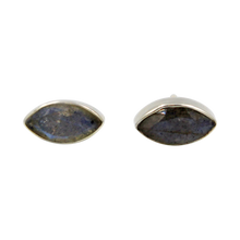 Load image into Gallery viewer, Pointed Oval Silver Stud Earring with a faceted Dark Labradorite gemstone on a deep bezel setting
