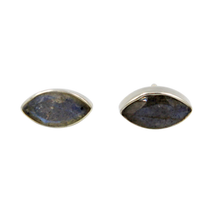 Pointed Oval Silver Stud Earring with a faceted Dark Labradorite gemstone on a deep bezel setting
