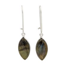 Load image into Gallery viewer, Handcrafted sterling silver large lens shaped earring with a handpicked beautiful cabochon Dark Labradorite gemstone.
