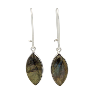 Handcrafted sterling silver large lens shaped earring with a handpicked beautiful cabochon Dark Labradorite gemstone.