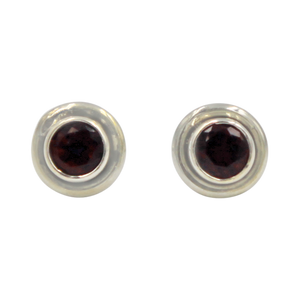 Silver Stud Earrings with half sphere cabochon Garnet with silver surround
