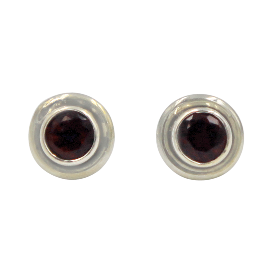 Silver Stud Earrings with half sphere cabochon Garnet with silver surround