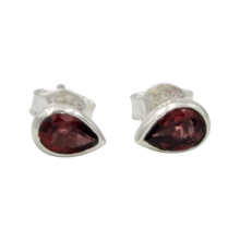 Load image into Gallery viewer, Teardrop Silver Stud Earring with a faceted Garnet gemstone on open bezel setting
