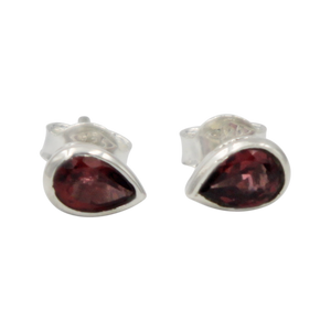 Teardrop Silver Stud Earring with a faceted Garnet gemstone on open bezel setting