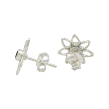 Load image into Gallery viewer, Sundari daisy flower Sterling Silver stud with a Faceted Garnet Gemstone
