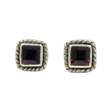 Load image into Gallery viewer, Square shaped little sterling silver gem-set stud with a Garnet Gemstone surround with silver rope
