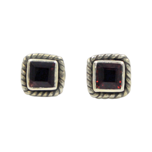 Square shaped little sterling silver gem-set stud with a Garnet Gemstone surround with silver rope