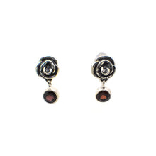 Load image into Gallery viewer, Beautifully Handcrafted Intricate Rose Stud Earring with a faceted Garnet
