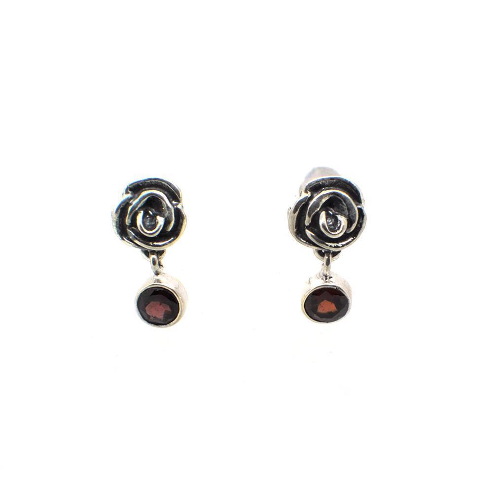 Beautifully Handcrafted Intricate Rose Stud Earring with a faceted Garnet