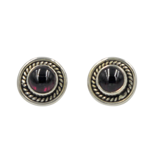 Load image into Gallery viewer, Half Sphere Garnet gemstone stud earrings with a handcrafted sterling silver surround
