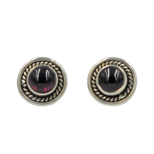 Half Sphere Garnet gemstone stud earrings with a handcrafted sterling silver surround