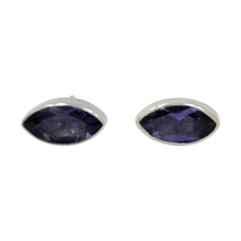 Load image into Gallery viewer, Pointed Oval Silver Stud Earring with a faceted Iolite gemstone on a deep bezel setting
