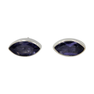 Pointed Oval Silver Stud Earring with a faceted Iolite gemstone on a deep bezel setting
