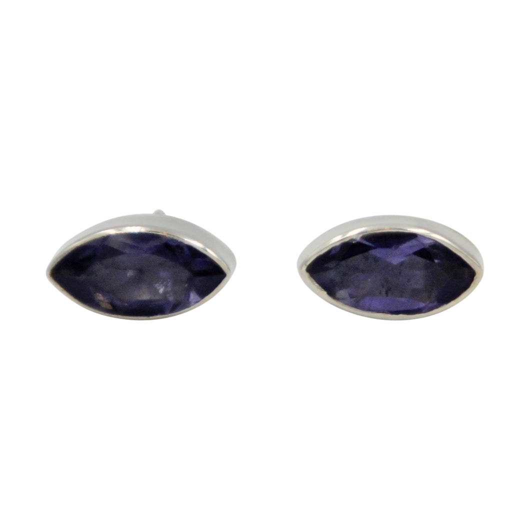 Pointed Oval Silver Stud Earring with a faceted Iolite gemstone on a deep bezel setting