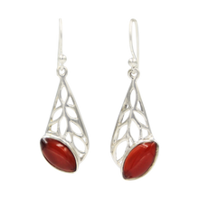 Load image into Gallery viewer, Beautifully handcrafted sterling silver Skeleton Leaf earring accent with a colourful natural Carnelian gemstone.
