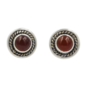 Half Sphere Carnalian gemstone stud earrings with a handcrafted sterling silver surround