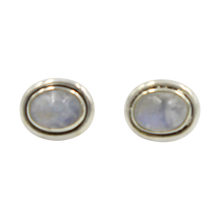 Load image into Gallery viewer, Oval Rainbow Moonstone gemstone stud earrings with a sterling silver surround
