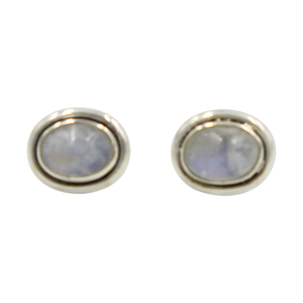 Oval Rainbow Moonstone gemstone stud earrings with a sterling silver surround