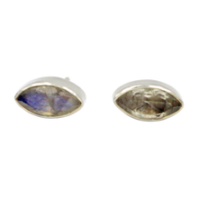 Load image into Gallery viewer, Pointed Oval Silver Stud Earring with a faceted Rainbow Moonstone gemstone on a deep bezel setting
