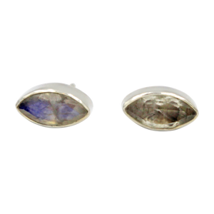 Pointed Oval Silver Stud Earring with a faceted Rainbow Moonstone gemstone on a deep bezel setting